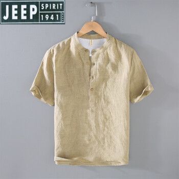 jeep/吉普【高档品质】夏季男装亚麻短袖衬衫领恤夏装